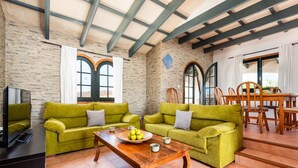 Un salon avec deux canapés verts, une table basse en bois et un téléviseur. Il y a des fenêtres avec des rideaux et un coin repas avec des chaises et une table en bois.