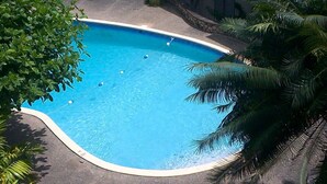 Una piscina azul cristalina rodeada de palmeras y un muro de piedra.