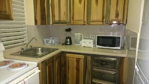 Cocina compacta con armarios de madera, un lavamanos, una hornilla, un microondas, una licuadora y un tostador.