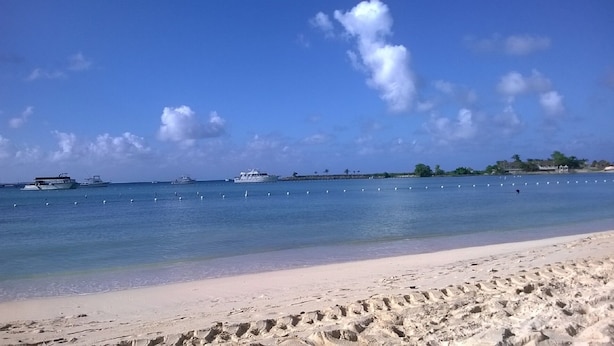 Una playa con cielo despejado y varios barcos en el agua.