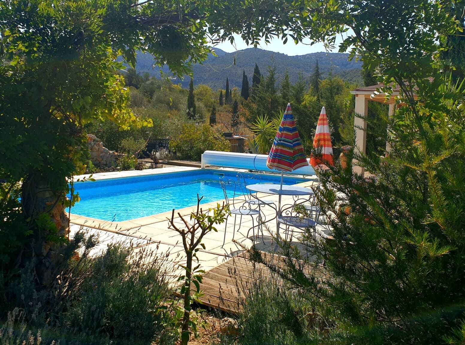 En pool med udsigt til bjerge, omgivet af grønt og en træterrasse.