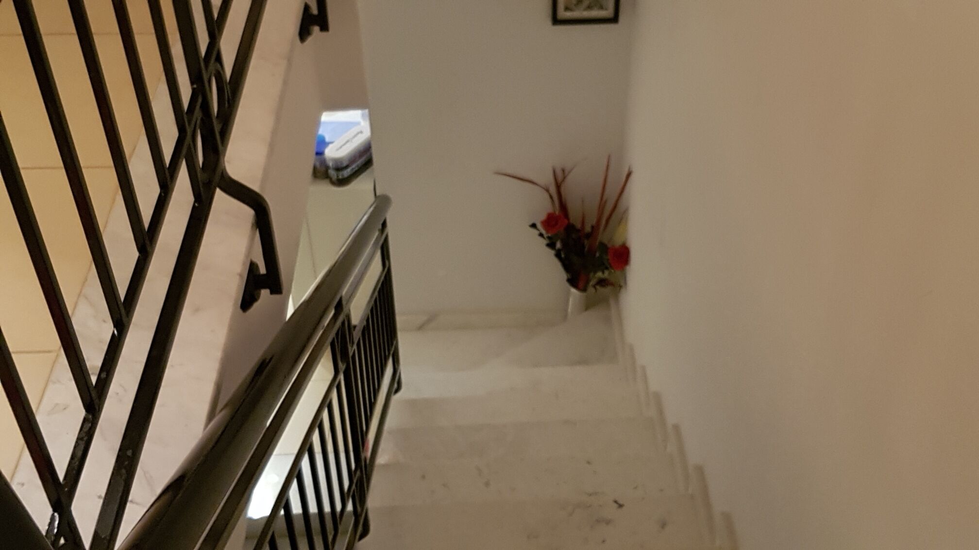 Un escalier avec une rampe noire et un mur blanc.