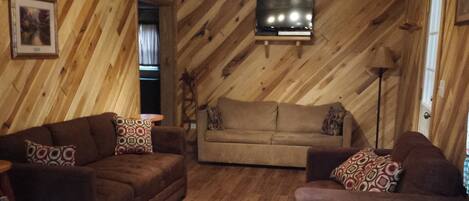 A cozy living room with two sofas, a television, and wooden walls.