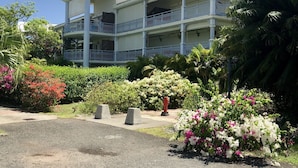 Un edificio de varios pisos con balcones, rodeado de abundante vegetación y plantas en flor.