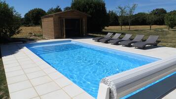 Outdoor pool, a heated pool, pool loungers