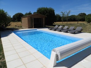 Outdoor pool, a heated pool, sun loungers - Loire valley gite with 2 acres of grounds, south facing pool & private terraces (Meigné-le-Vicomte)