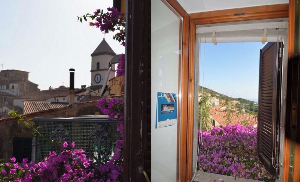 A view from a balcony with purple flowers, a clock tower, and a building with a tiled roof.