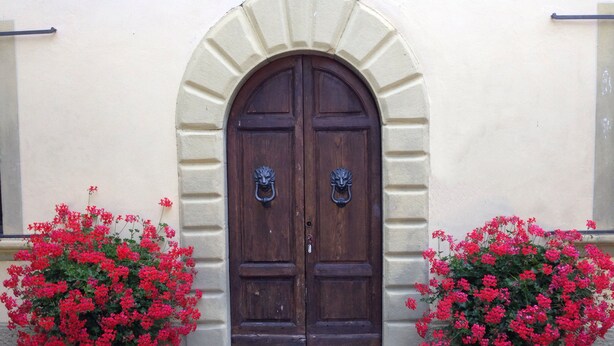 A double wooden door with a stone archway, flanked by red flowering bushes. - Authentic Tuscan Villa with Pool and Panoramic Views near Vinci – Tuscany (lamporecchio)