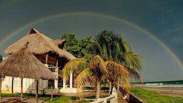 On the beach, sun loungers, beach towels
