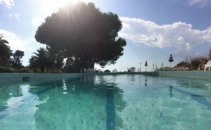 Ein klares Schwimmbecken mit einer gefliesten Kante, umgeben von Liegestühlen und Sonnenschirmen, unter einem großen Baum.
