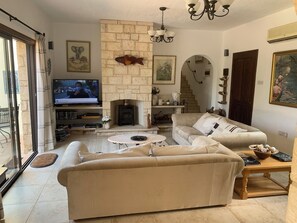 TV connectée, cheminée, lecteur de DVD, livres