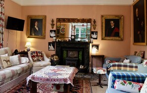 TV, caminetto, lettore DVD, libri