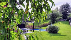 A well-maintained garden with a lawn, a small pool, and a pergola.