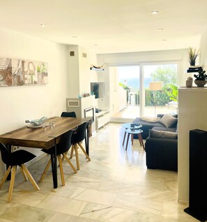 Älytelevisio, takka, DVD-soitin, kirjoja