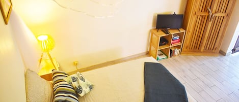Et værelse med en sofa, en lampe, et TV-møbel og en bogreol.