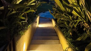 A staircase surrounded by lush tropical plants leading to a pool area.