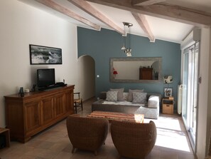 Télévision, cheminée, lecteur de DVD, chaîne hi-fi