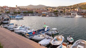 Una marina con diverse imbarcazioni ormeggiate lungo la banchina, circondata da una cittadina costiera con edifici e colline sullo sfondo.