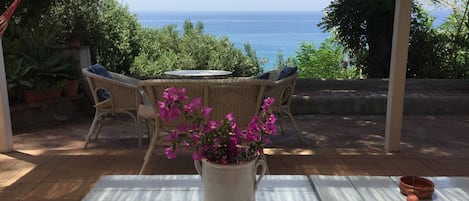 A patio with wicker furniture, a table with a potted plant, and a view of the sea.