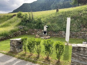 A stone structure with a chimney, surrounded by grass and small trees, set against a backdrop of a forested hill. - Rustico with style, modern and rustic, 2-4 P, in Val Poschiavo (Poschiavo)