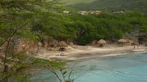 Una zona costera con una playa, estructuras de techo de paja y edificios al fondo.