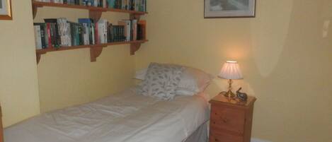 Een slaapkamer met een enkel bed, een nachtkastje met een lamp, een klein ladeblok en een boekenkast tegen de muur.