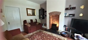 スマートテレビ、暖炉、DVD プレーヤー、書庫