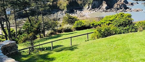 A grassy area with a stone pathway leading to a coastal view.