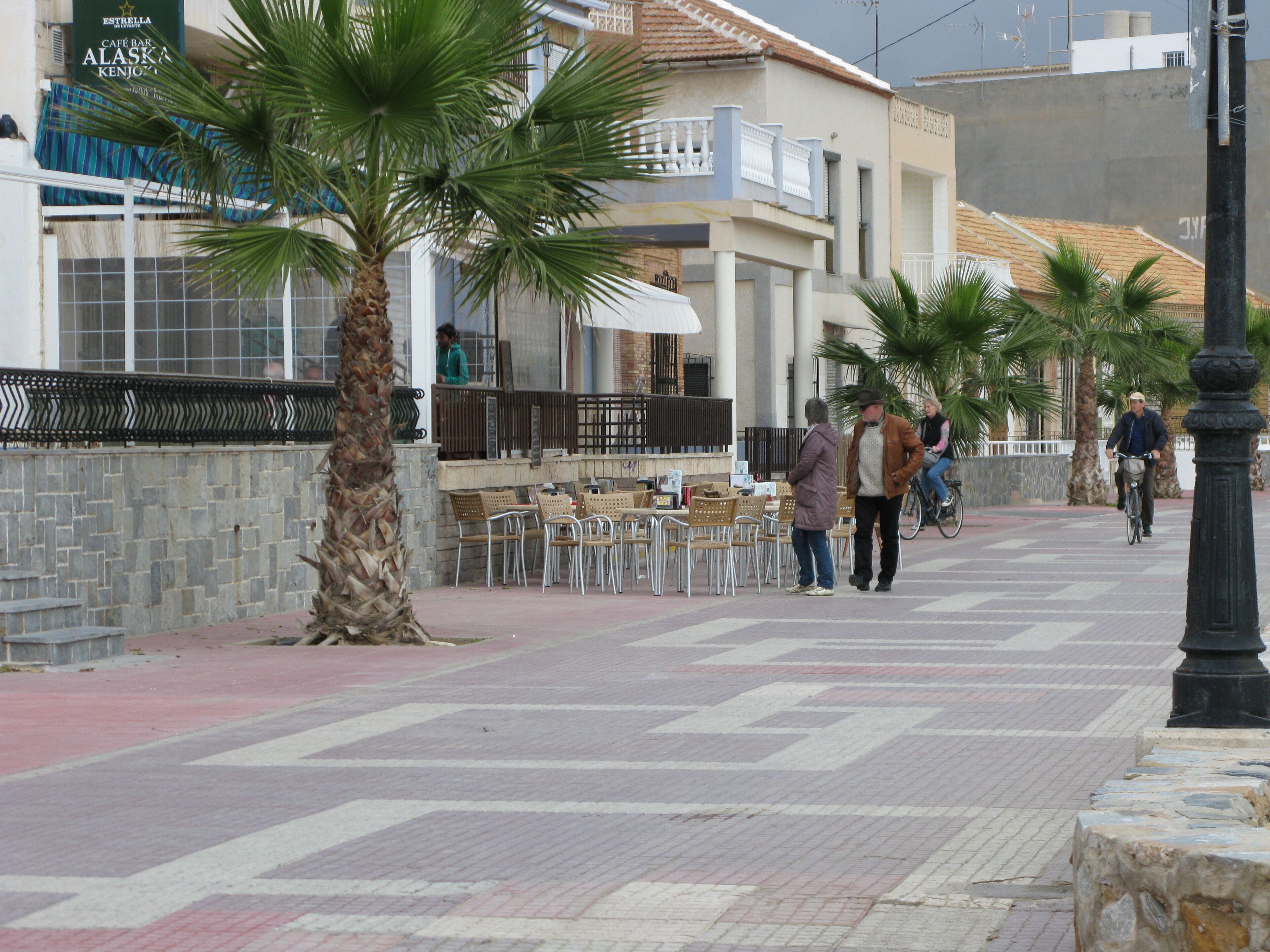 A café with outdoor seating, palm trees, and a stone wall.