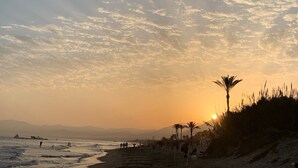 A beach scene with people, palm trees, and a sunset.