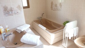 Combined shower/bathtub, hair dryer, bidet, towels