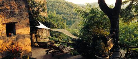 A rustic outdoor seating area with a wooden bench, a table, and a canopy.