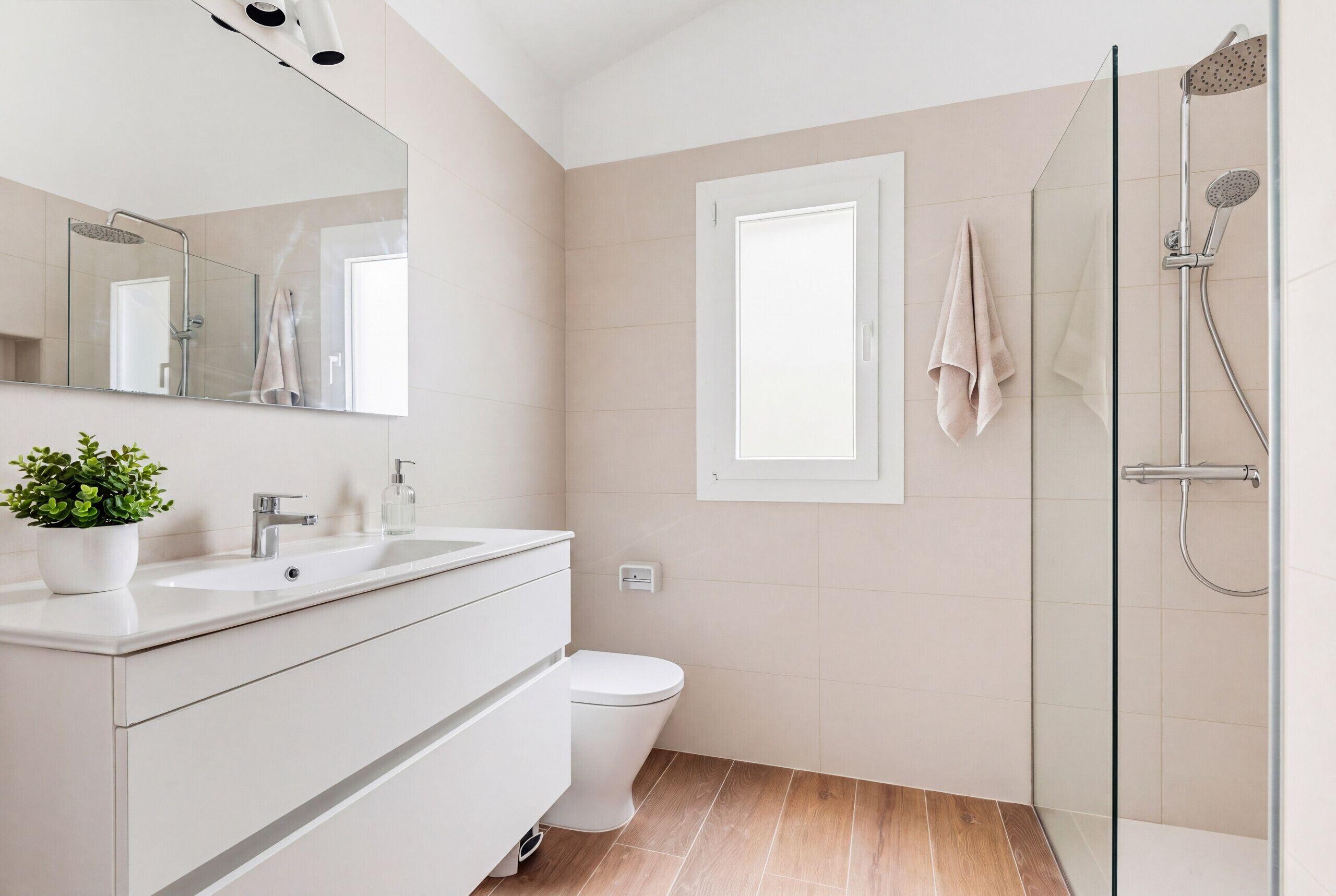 Un baño moderno con cabina de ducha de vidrio, un lavamanos blanco con una planta y un inodoro.