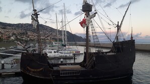 Un barco grande atracado en un puerto con un paisaje urbano al fondo.