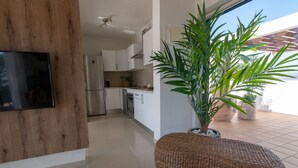 A modern kitchen with white cabinets, stainless steel appliances, and a potted plant.