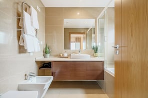 Combined shower/tub, hair dryer, bidet, towels