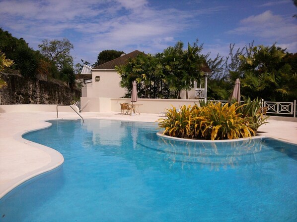 A swimming pool with a curved edge, surrounded by tropical plants and a white deck.