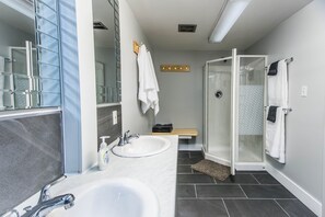 Ducha, secador de pelo, toallas y papel higiénico