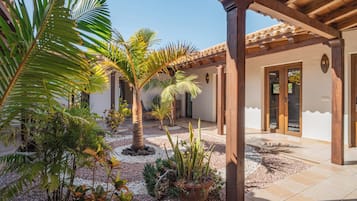 Een binnenplaats met palmboompjes, potplanten en een betegeld terras.
