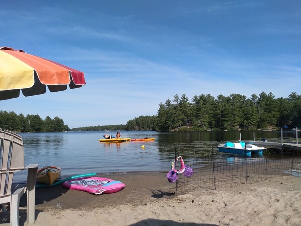 On the beach, sun-loungers