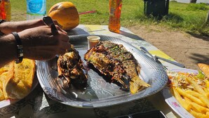 Una comida con pescado a la parrilla, acompañamientos, una botella de agua y vistas a la playa y al océano.