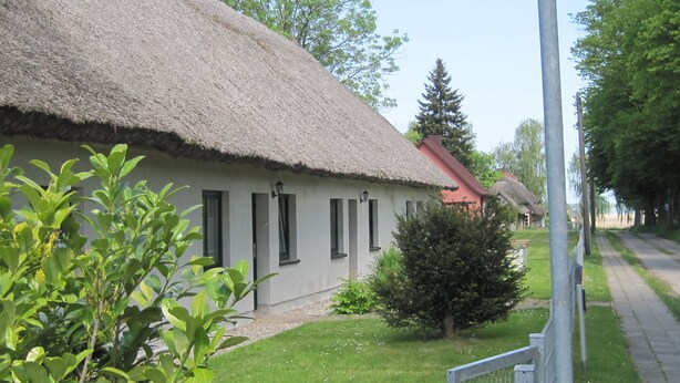 A traditional building with a thatched roof, surrounded by greenery and a paved pathway. - Vacation under the thatched roof on the backwater opposite the island of Usedom (Lassan)
