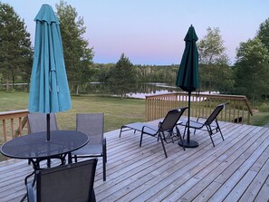 Outdoor dining - Private Lake House on 16 +/-  wooded acres, 80 + acre lake, 55 foot deep!! (Crystal Falls)