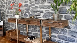 A wooden console table with drawers and shelves, a potted plant, and a decorative lion figurine against a stone wall. - Apartment Lindauer Löwe- Charming, close to the lake & central in a historic building (Lindau)