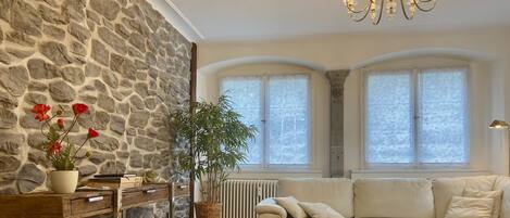 TV, fireplace, books, stereo