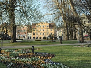 Un parco con un aiuola in primo piano e un edificio con numerose finestre sullo sfondo.