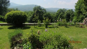 Un jardín con diversas plantas y flores, un muro de piedra y vistas a montañas distantes.
