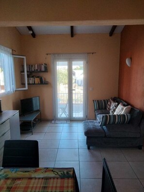 A living room with a sofa, a television, a bookshelf, and a sliding glass door leading to an outdoor area.
