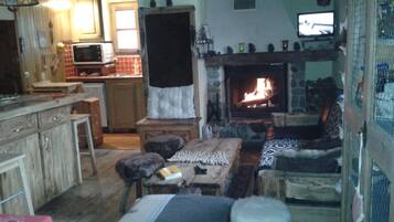 TV connectée, cheminée, lecteur de DVD, livres