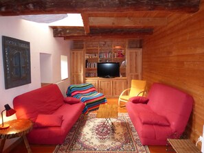 Smart TV, chimenea, reproductor de DVD y libros 